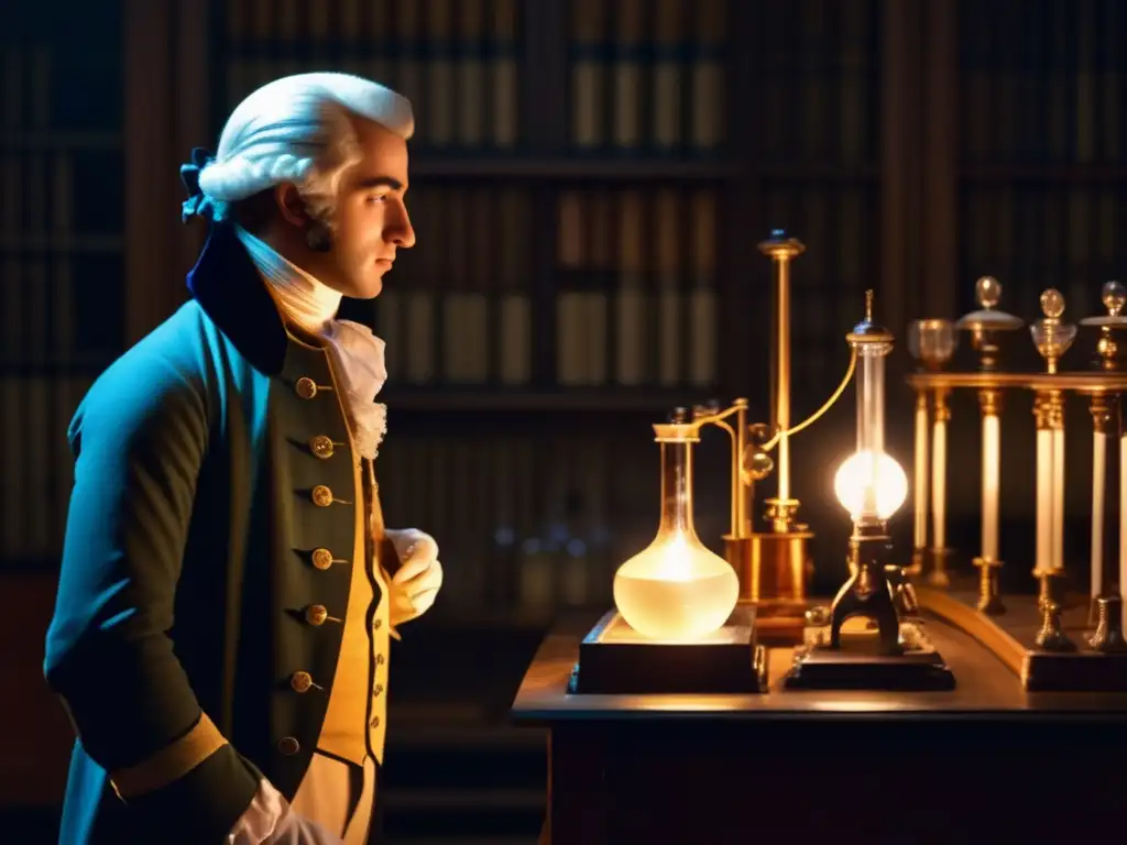 En la imagen se ve a Antoine Lavoisier en su laboratorio del siglo XVIII, inmerso en un experimento científico, rodeado de instrumentos y libros