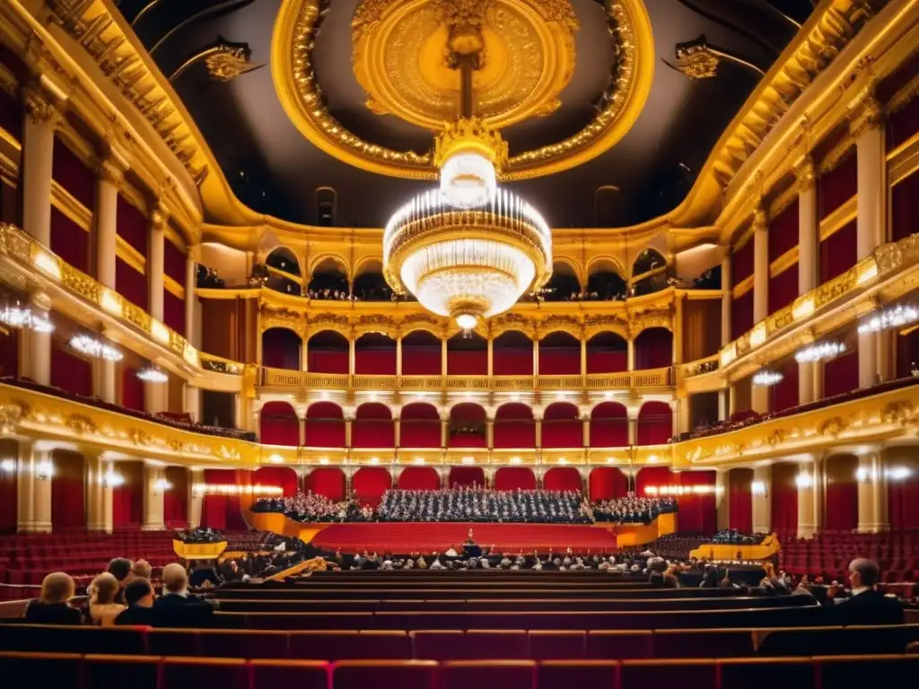 Una imagen con el legado de la familia Strauss en la música clásica, mostrando la opulencia del interior del Musikverein en Viena, con la Orquesta Filarmónica de Viena interpretando una composición de la familia Strauss bajo los resplandecientes candelabros dorados, mientras el público viste elegante