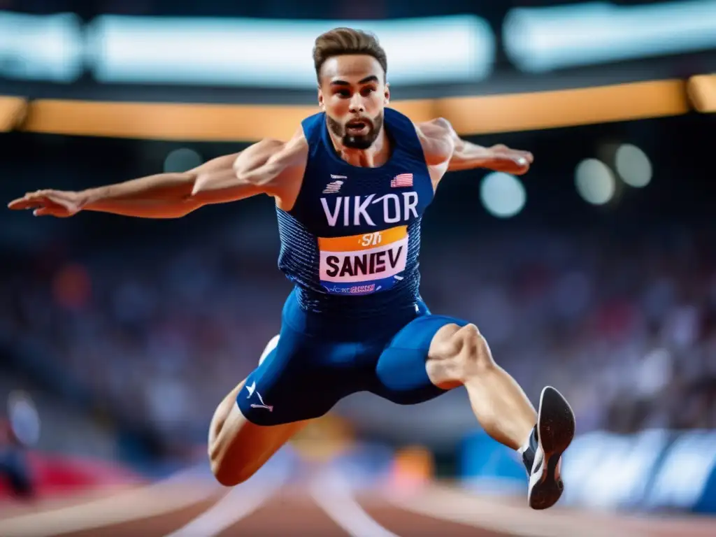 La imagen muestra la biografía del legendario Viktor Saneyev en pleno salto triple, capturando su gracia y determinación en el aire