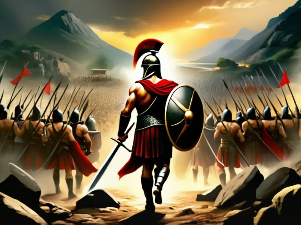 La imagen muestra a Leonidas liderando a sus 300 espartanos en la batalla de las Termópilas, con intensidad y dramatismo