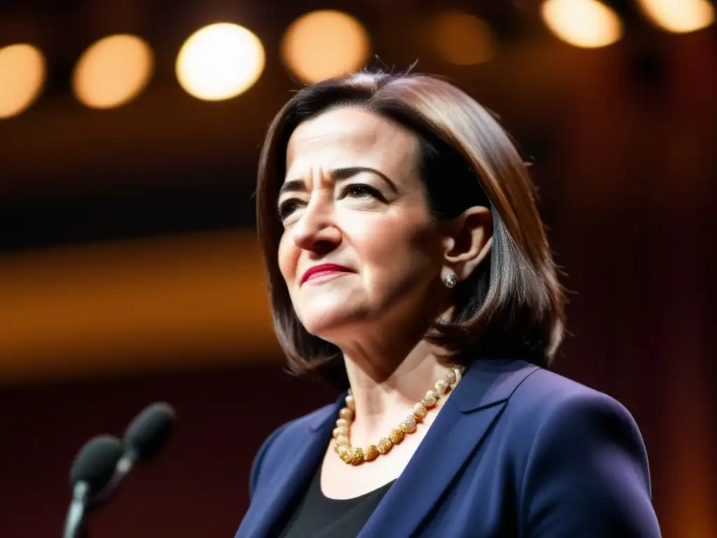 En la imagen, Sheryl Sandberg transmite determinación y liderazgo mientras pronuncia un discurso inspirador en el escenario