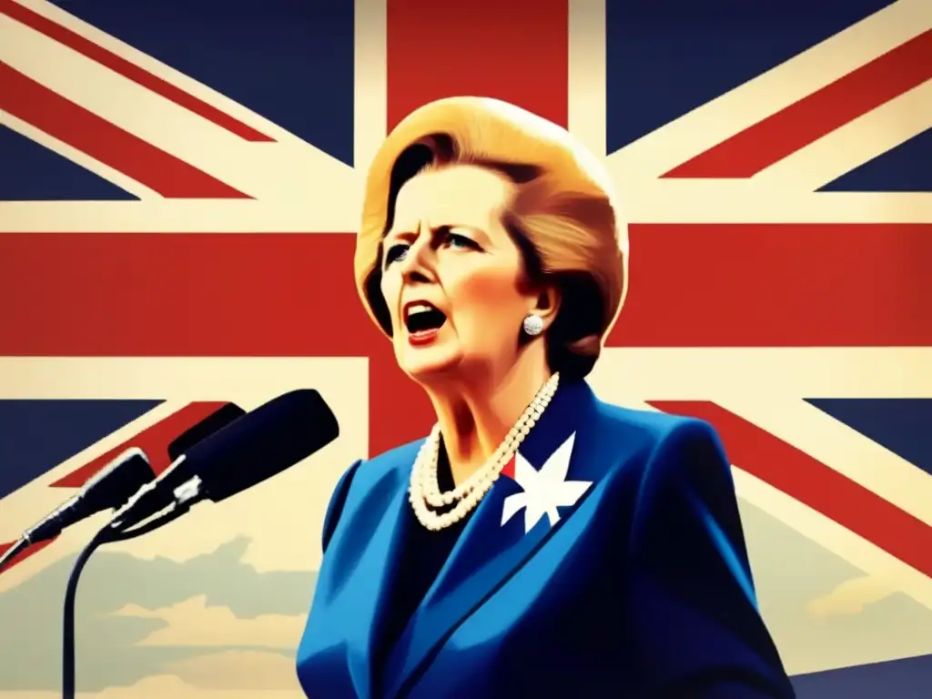 En la imagen, Margaret Thatcher irradia liderazgo y determinación durante la guerra de las Malvinas, con la bandera británica de fondo