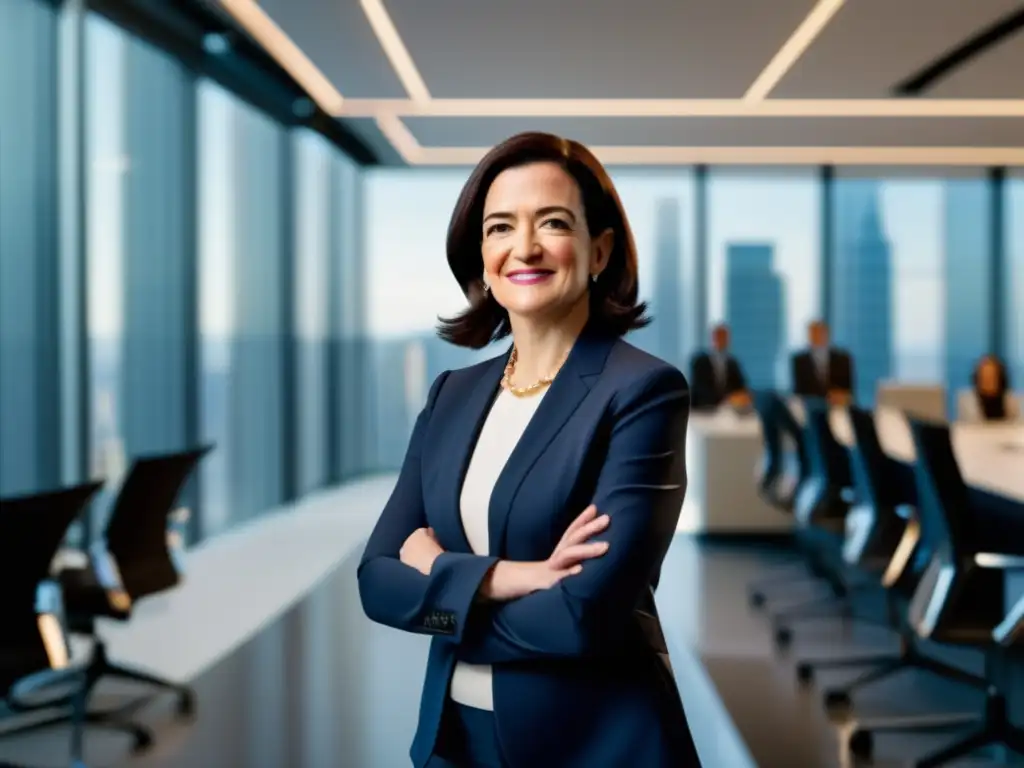 En la imagen, Sheryl Sandberg irradia liderazgo y determinación en una oficina moderna y elegante