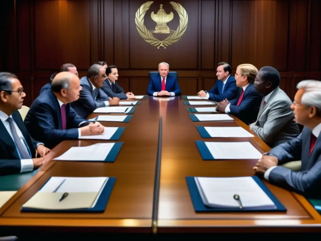 Diplomáticos en negociación: expresiones de poder y tensiones históricas En la imagen, líderes históricos de las relaciones internacionales postcoloniales negocian en un ambiente formal y significativo, capturando la complejidad de las interacciones diplomáticas