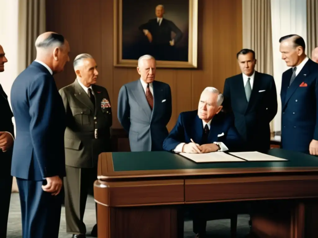 En la imagen, George Marshall confiere con líderes mundiales en la firma del Plan Marshall, mostrando su influencia en la reconstrucción posguerra