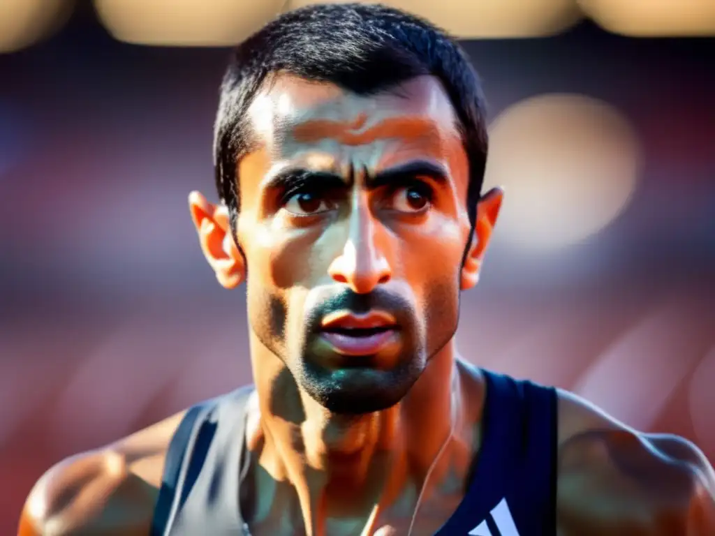 En la imagen se ve a Hicham El Guerrouj listo para correr, con determinación en sus ojos y una postura de anticipación