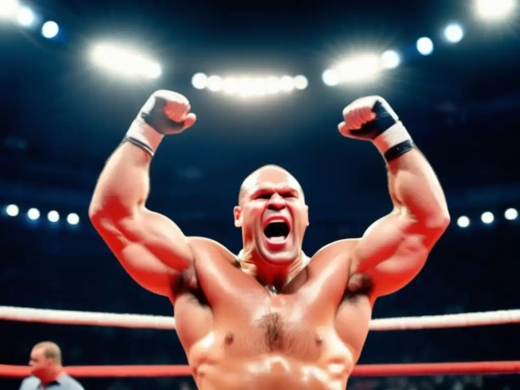 La imagen muestra la dominación de Alexander Karelin en la lucha, con su victoria celebrada en el ring mientras el público lo aclama
