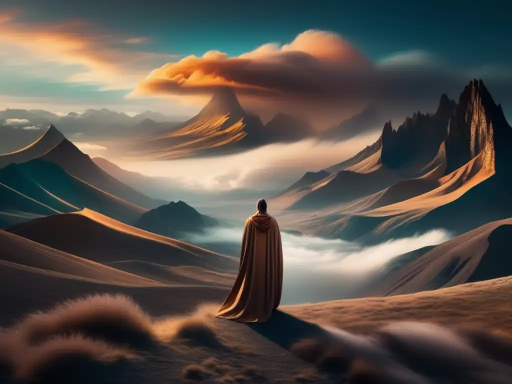 En la imagen, un maestro Eckhart místico desaparece en un paisaje etéreo, evocando una profunda contemplación espiritual