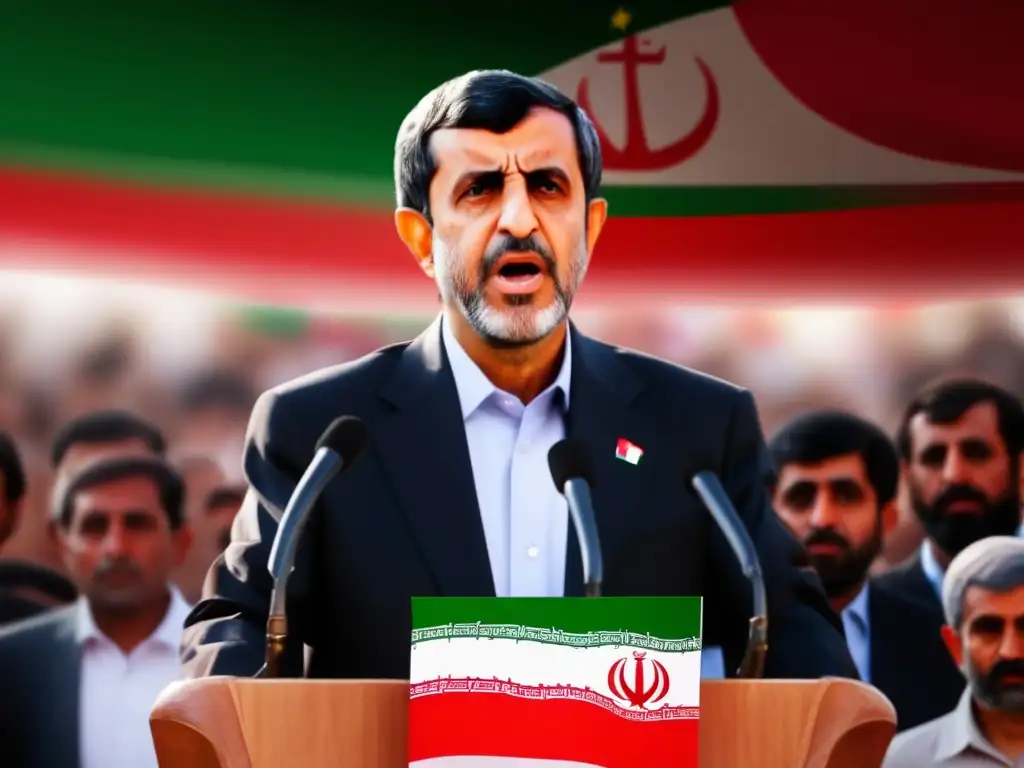En la imagen, Mahmoud Ahmadinejad pronuncia un discurso apasionado frente a una multitud, destacando su liderazgo y determinación