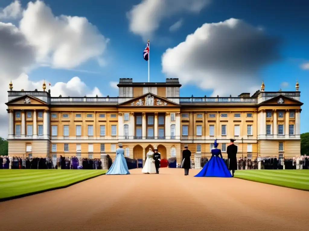 Majestuosa familia real británica en palacio histórico Una imagen majestuosa de la familia real británica frente a un palacio histórico, evocando el derecho divino de los reyes británicos