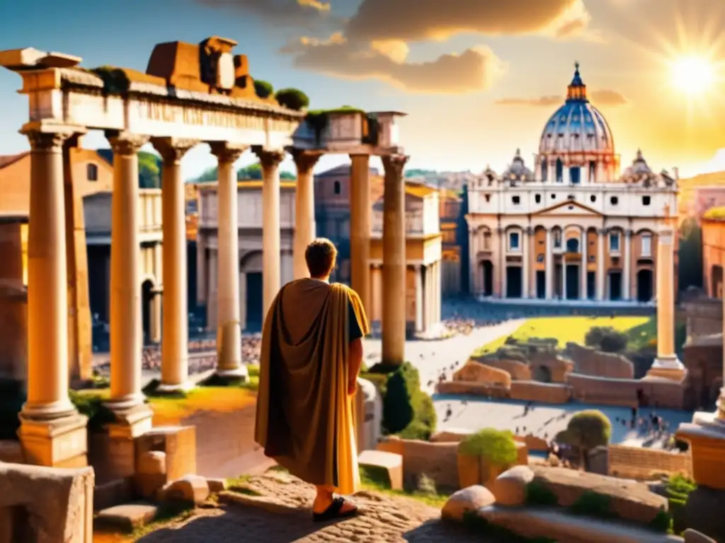 El legado de Roma: Impacto transcultural y arquitectónico La imagen muestra la majestuosidad de la antigua Roma, con el Coliseo, Panteón y Foro Romano bañados por una cálida luz dorada