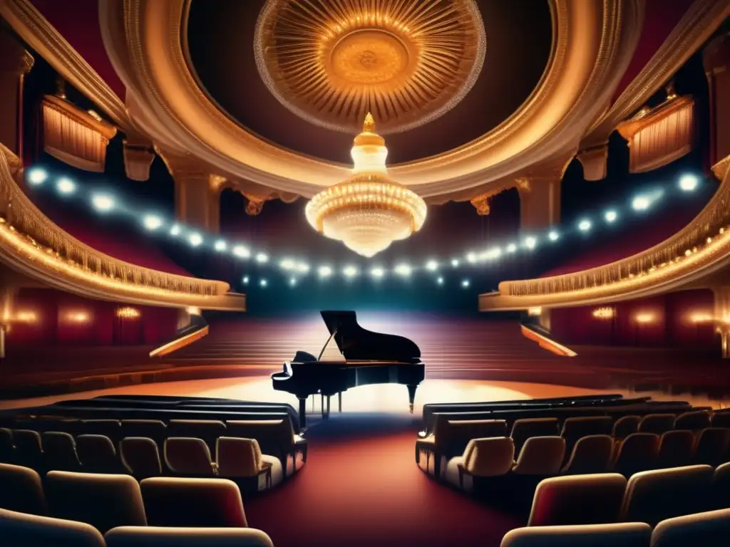 La imagen muestra un majestuoso auditorio lleno de gente, con un deslumbrante foco iluminando un magnífico piano de cola en el centro del escenario