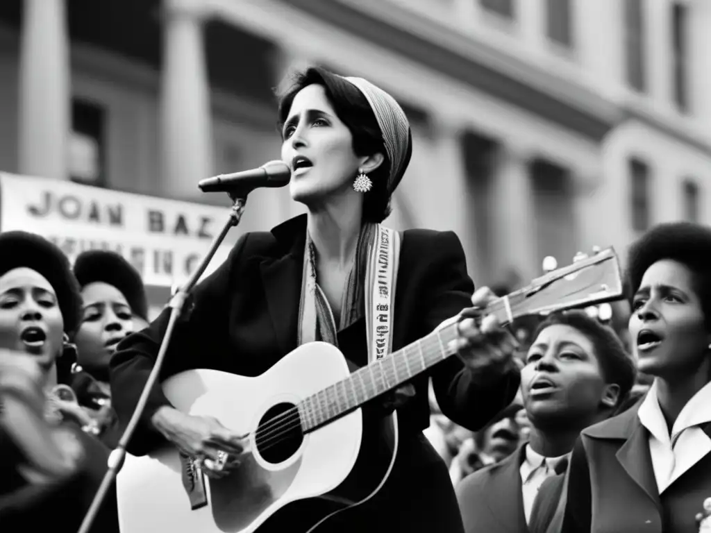 En la imagen, Joan Baez canta con convicción en una manifestación por los derechos civiles, rodeada de seguidores apasionados y pancartas de protesta