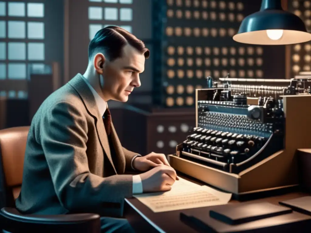 En la imagen, Alan Turing trabaja en la máquina Enigma rodeado de documentos y equipo de descifrado en una habitación tenue