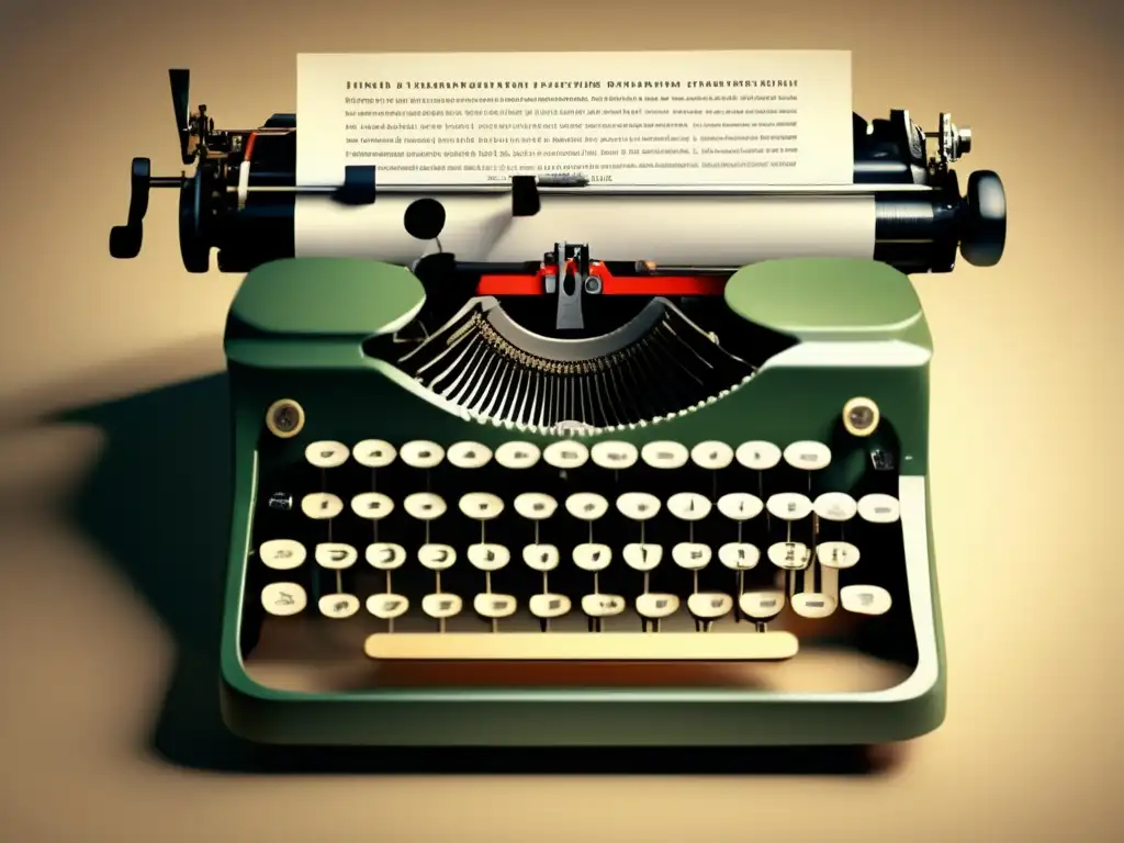 Una imagen de una máquina de escribir vintage sobre un escritorio minimalista, con una hoja de papel con poesía escrita a mano
