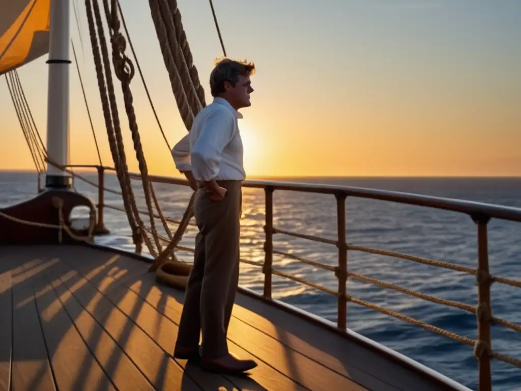 En la imagen, Jack London contempla el mar desde la cubierta, irradiando determinación y aventura