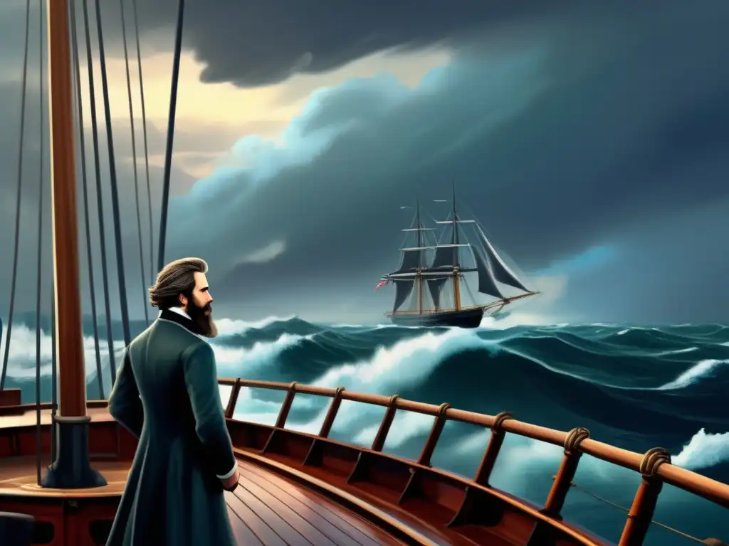 En la imagen, Herman Melville contempla el mar desde la cubierta de un ballenero, listo para su viaje literario