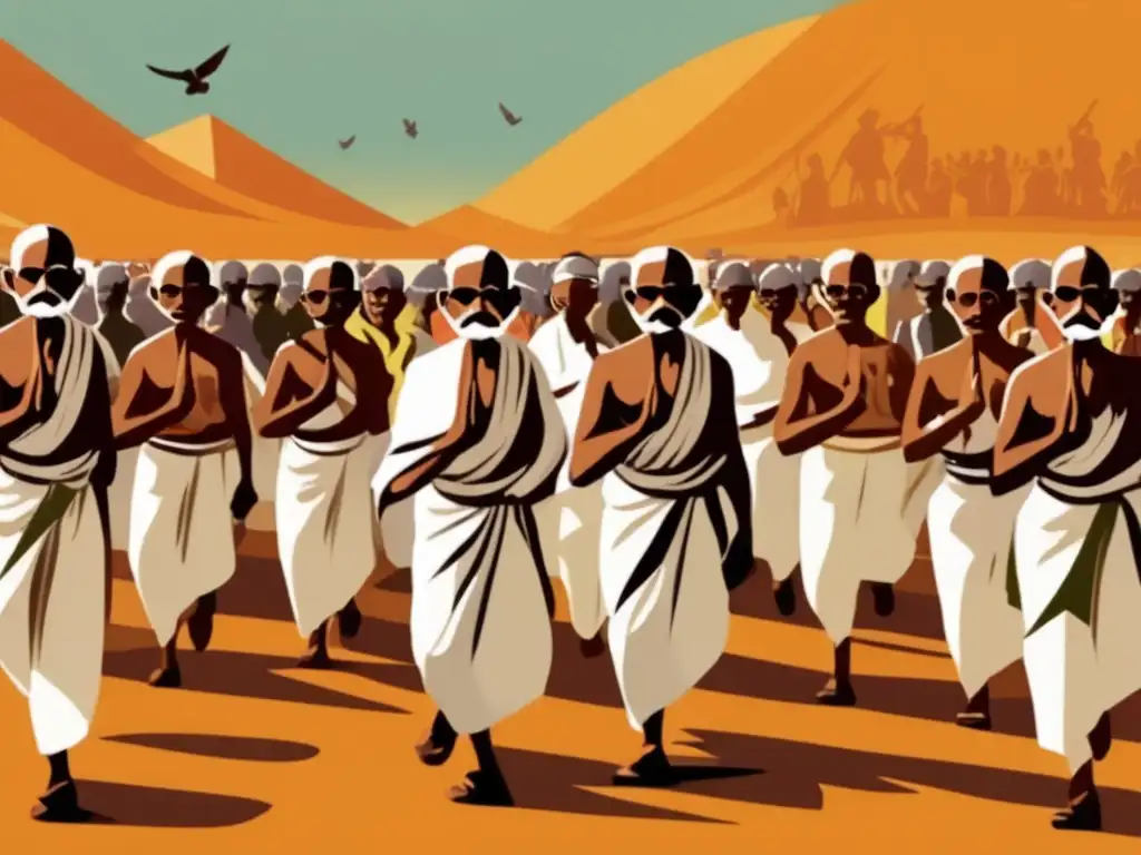 La imagen muestra a Mahatma Gandhi liderando la Marcha de la Sal, destacando su actitud pacífica y la unidad de los manifestantes