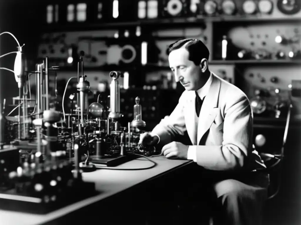 En la imagen, Guglielmo Marconi ajusta un gran transmisor en su laboratorio, rodeado de equipo de radio temprano
