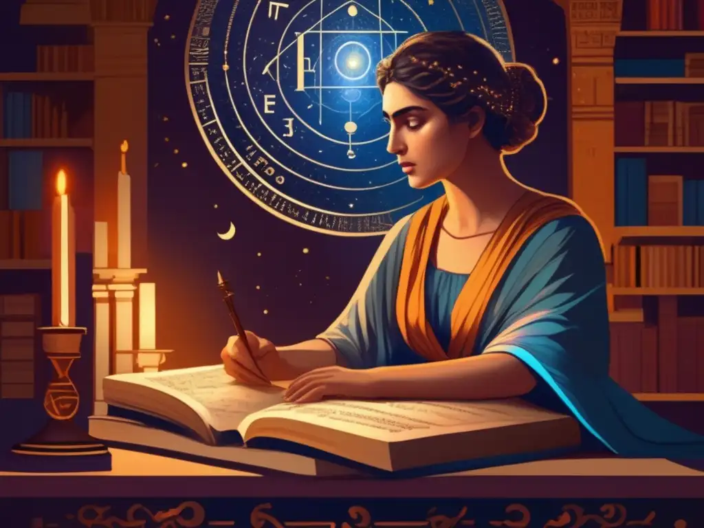 La imagen muestra la biografía de Hipatia de Alejandría, matemática, inmersa en el estudio entre instrumentos astronómicos y antiguos textos, iluminada por cálidas velas