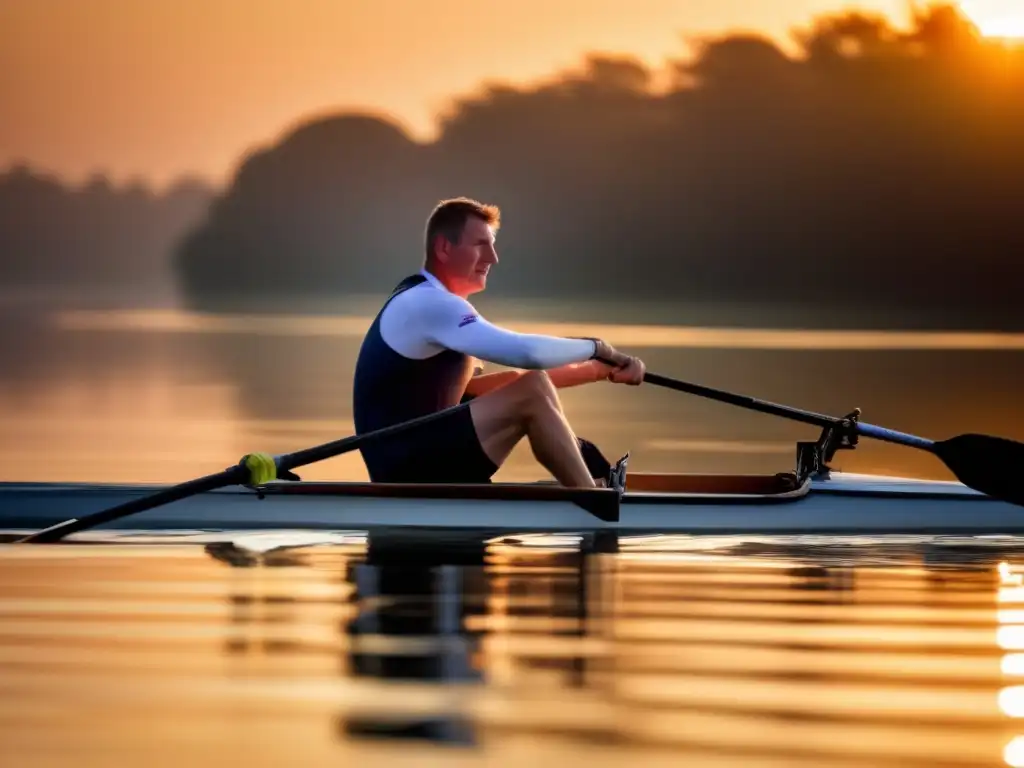 En la imagen, Matthew Pinsent rema con concentración en un lago sereno al amanecer, destacando su trayectoria en el remo
