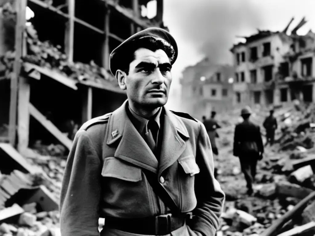 En la imagen se ve a Robert Capa en medio de una ciudad destruida por la guerra, sosteniendo una cámara con determinación