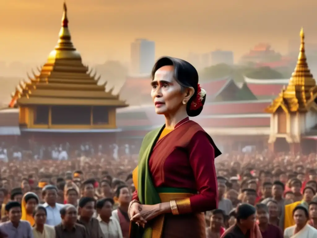 Una imagen en 8k detalla a Aung San Suu Kyi en medio de una multitud, mostrando determinación y preocupación al dirigirse a la gente