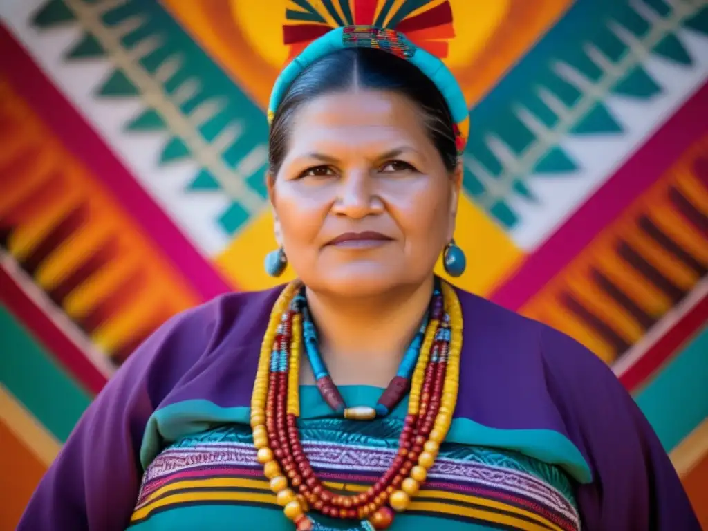 Una imagen de Rigoberta Menchú en vestimenta maya, frente a un mural colorido que representa justicia y activismo