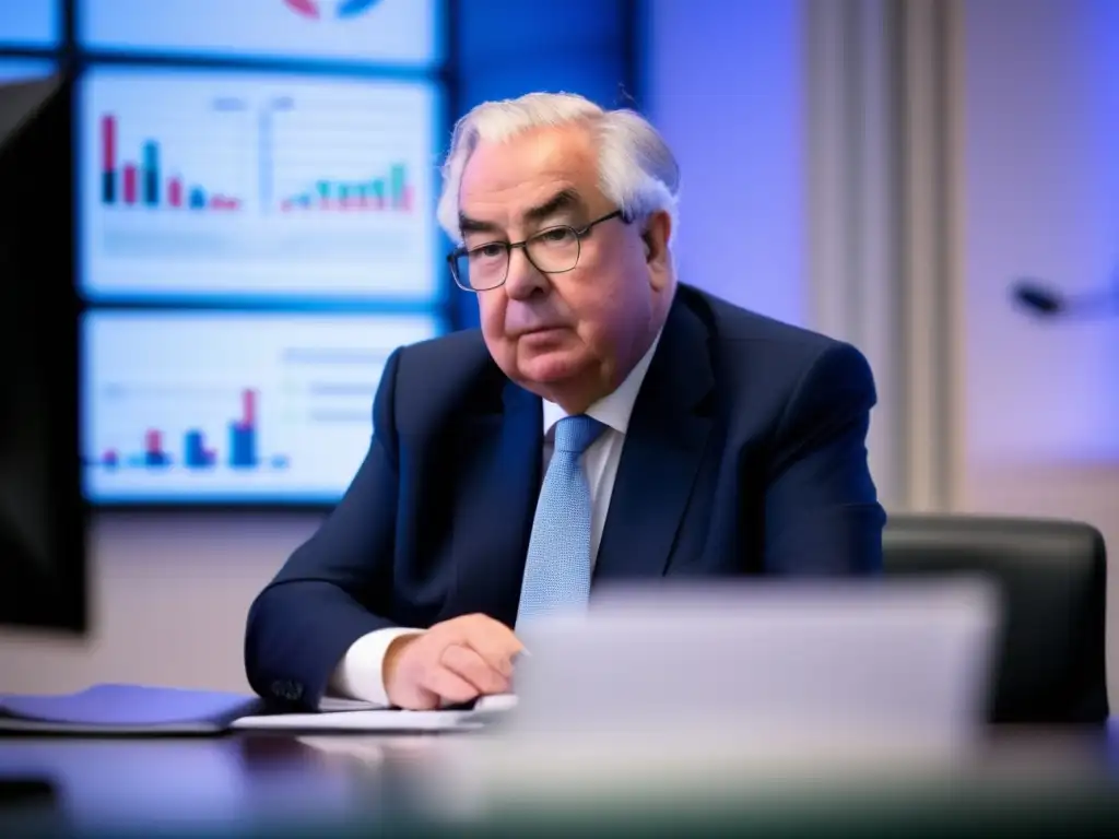 Una imagen de Mervyn King en su oficina del Banco de Inglaterra, rodeado de gráficos y reportes financieros