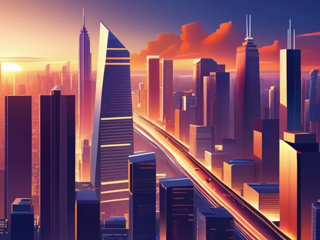 La imagen muestra una metrópolis futurista en la cálida luz del atardecer, reflejando la influencia de Ayn Rand en políticas económicas