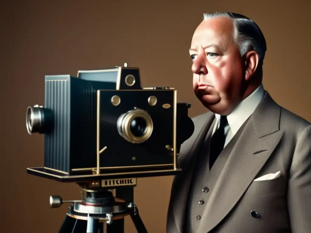 Una imagen en sepia de Alfred Hitchcock, con su mirada intensa fija en la cámara vintage mientras enmarca una toma
