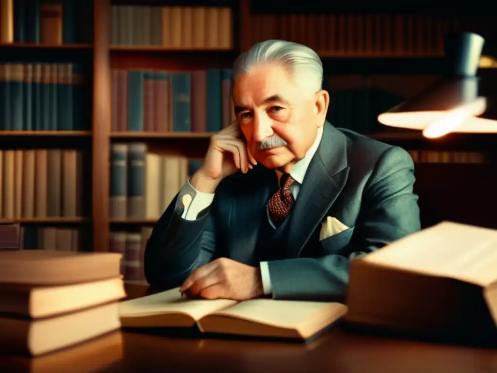 En la imagen, Ludwig von Mises está sentado en su escritorio, rodeado de libros y papeles, concentrado en sus pensamientos