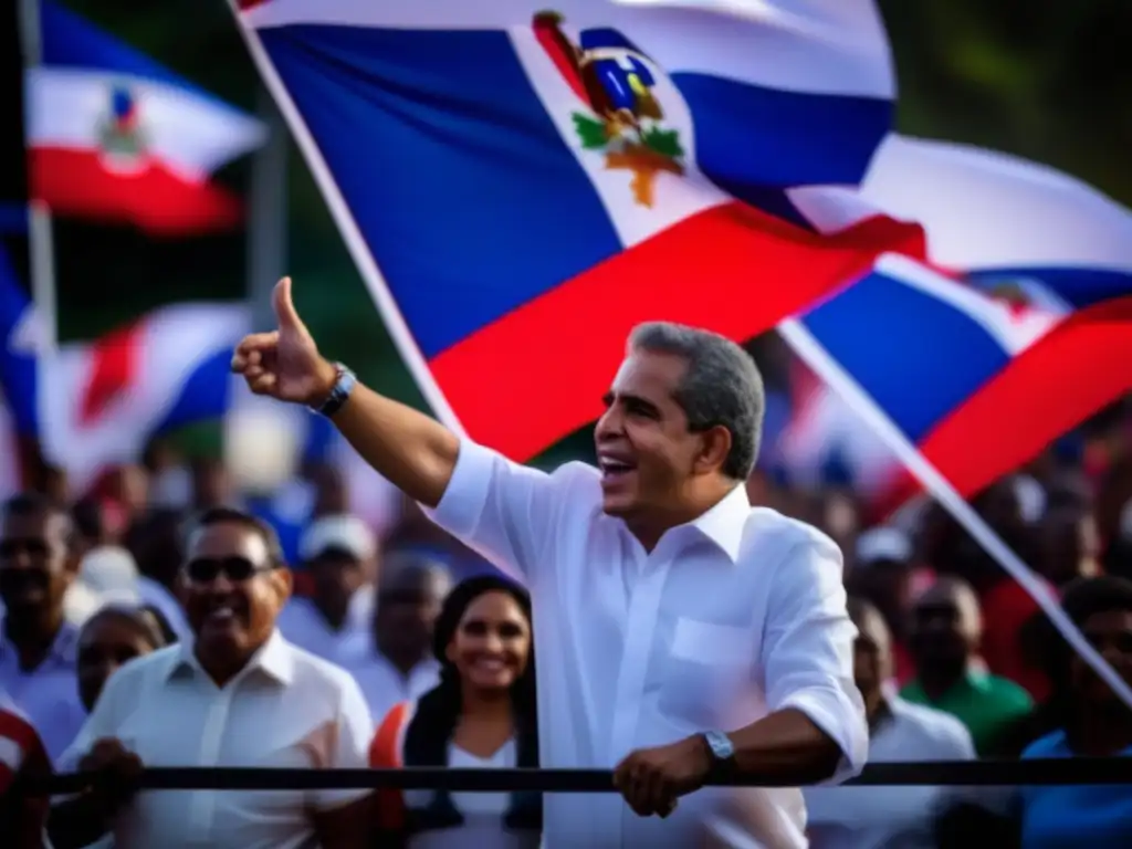 Una imagen de alta resolución de Leonel Fernández hablando en un mitin político, con la bandera dominicana ondeando al fondo