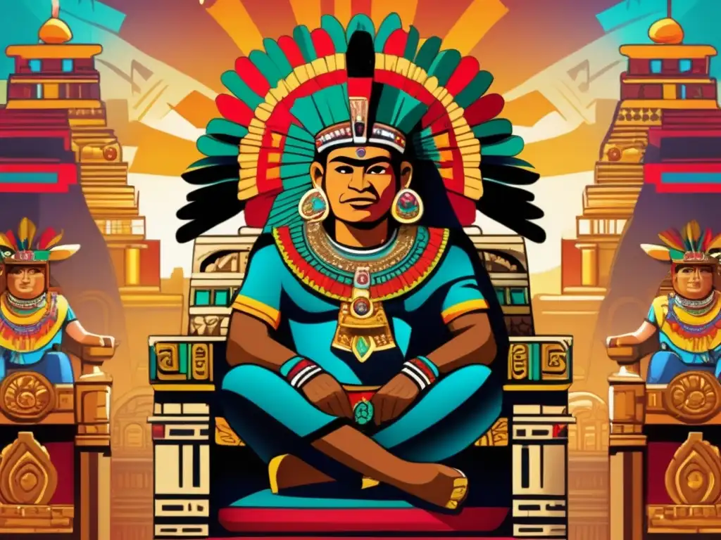 En la imagen, Moctezuma II se sienta en un trono azteca, rodeado de símbolos y una ciudad bulliciosa