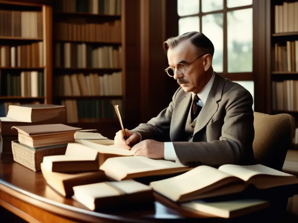 Thomas Mann Nobel - Una imagen moderna en alta resolución muestra a Thomas Mann sentado en su escritorio, rodeado de libros y papeles