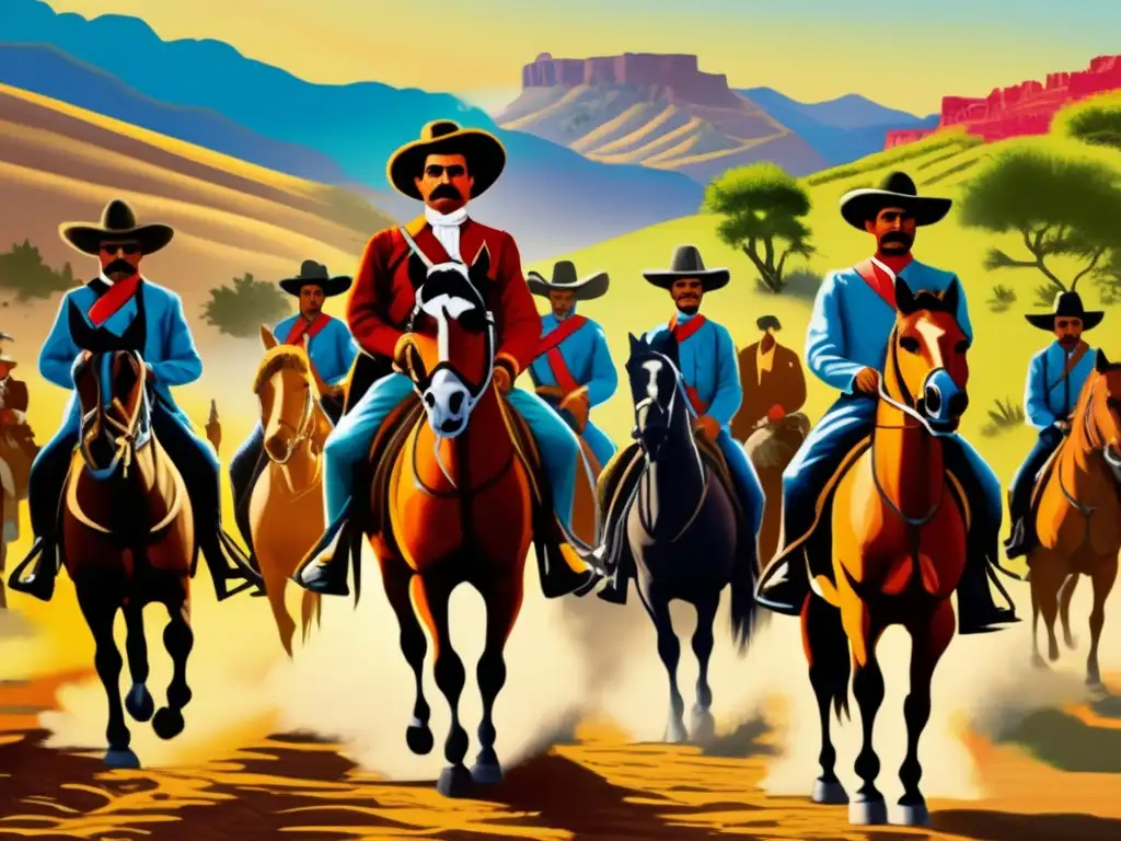 Una imagen moderna y detallada de Emiliano Zapata liderando a un grupo de revolucionarios a caballo, en el agreste paisaje mexicano
