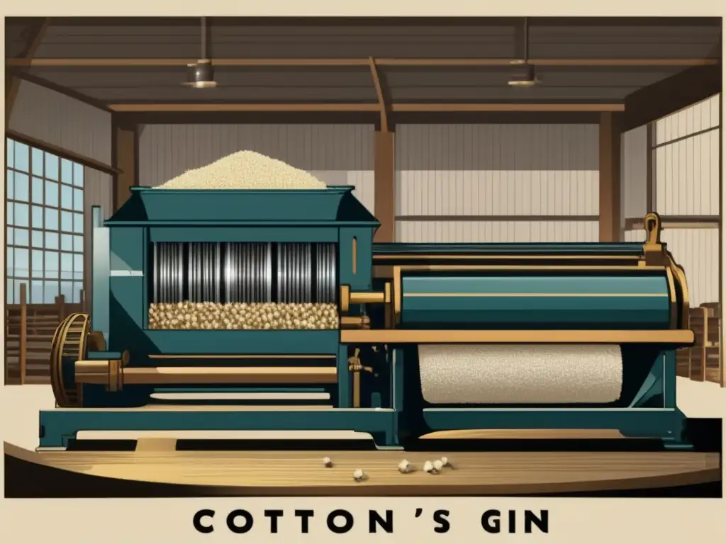 Una imagen de alta resolución de la moderna y elegante desmotadora de algodón de Eli Whitney, destaca la compleja maquinaria y el proceso de separación de semillas de algodón de las fibras