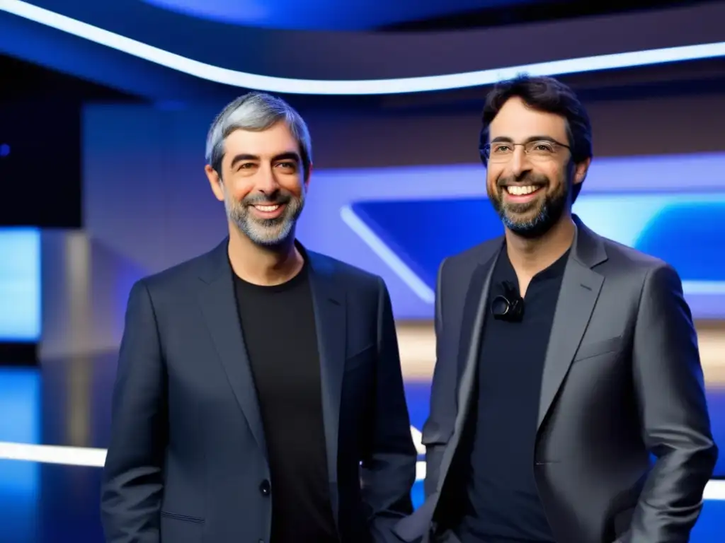 Una imagen moderna de Larry Page y Sergey Brin en un entorno futurista, transmitiendo confianza e innovación
