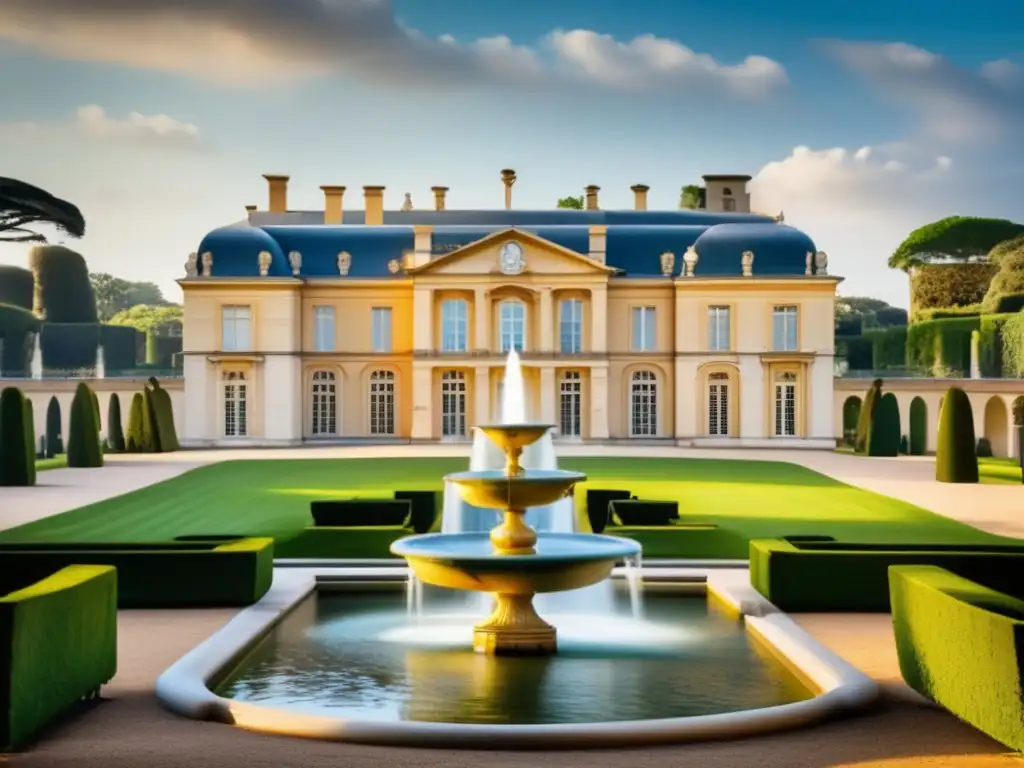 Una imagen moderna de la opulenta mansión de la familia Rothschild, rodeada de exuberantes jardines y una majestuosa arquitectura
