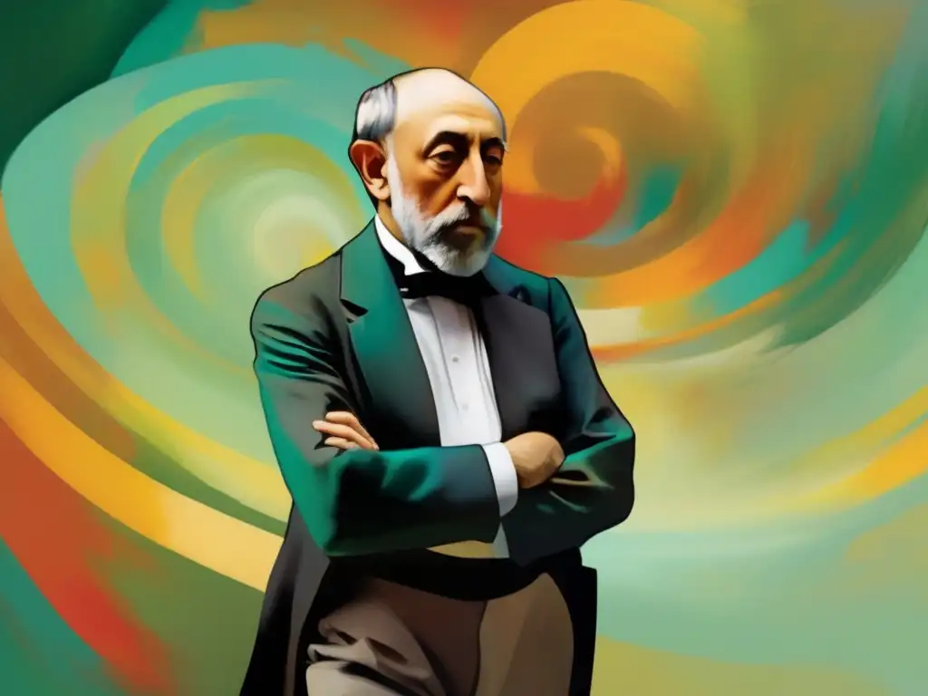 En la imagen, una moderna pintura digital de Edgar Degas en su etapa tardía, rodeado de colores vibrantes y formas abstractas que evocan la energía y el movimiento de sus icónicas pinturas de danza