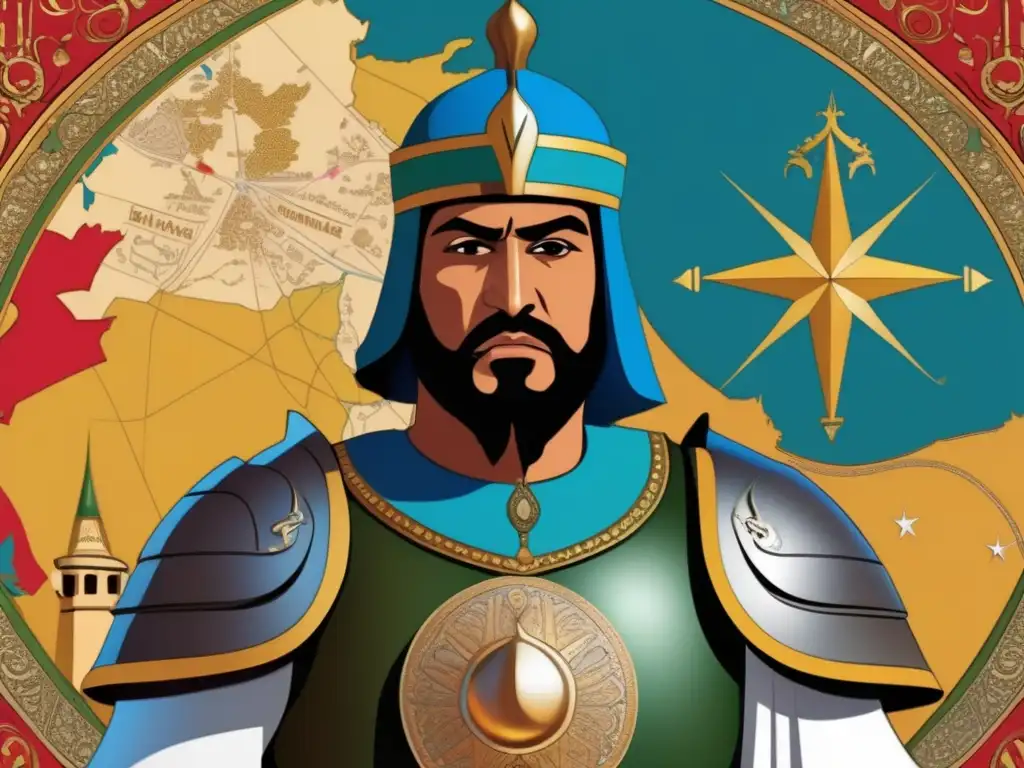 La imagen muestra un moderno arte digital del sultán Baybars Mameluco, rodeado de un mapa estratégico del Imperio Mameluco