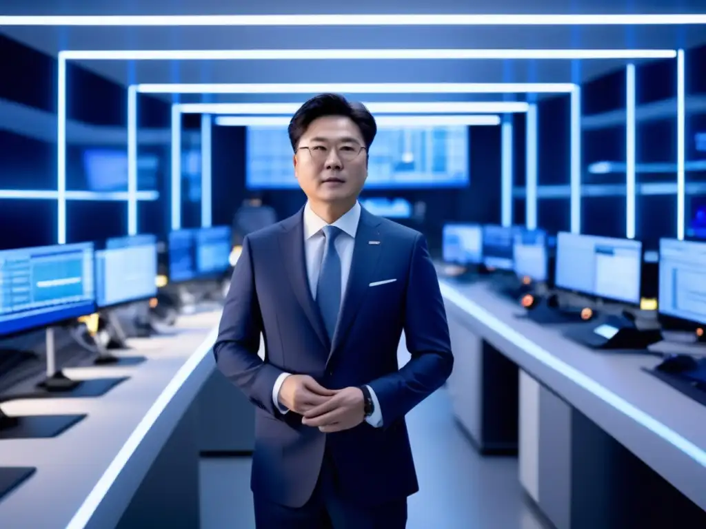 En la imagen, Lee Byungchul irradia innovación en un moderno centro tecnológico, rodeado de dispositivos de vanguardia