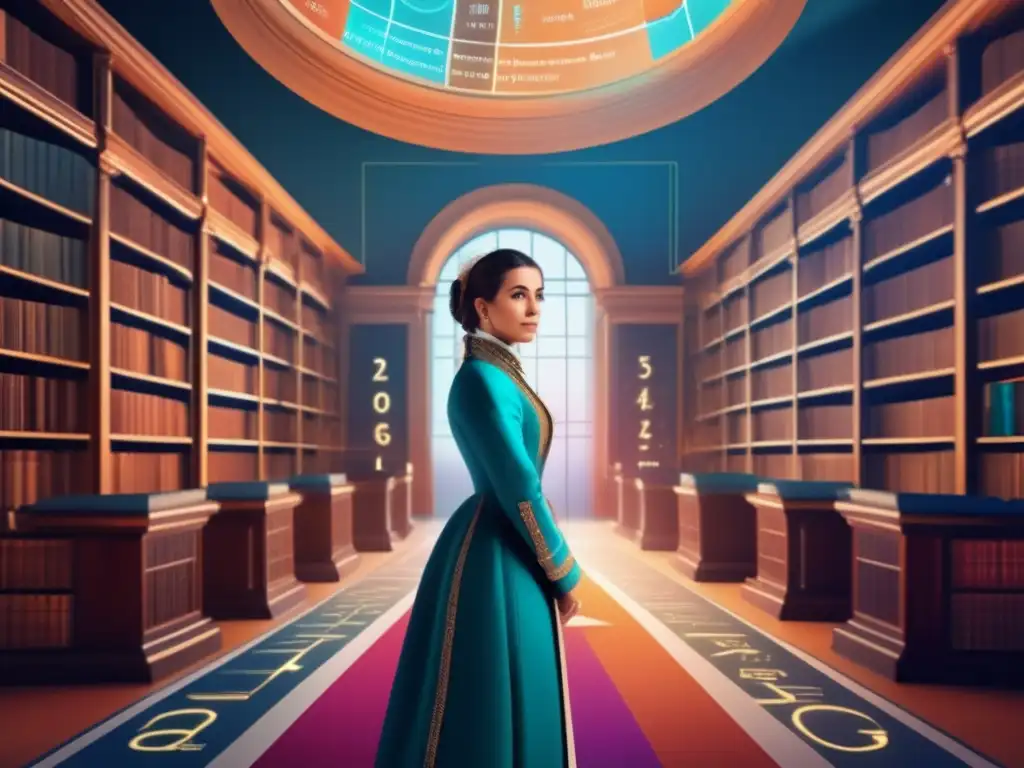 En la imagen se muestra un moderno retrato digital de María Gaetana Agnesi en una gran biblioteca llena de libros y diagramas matemáticos