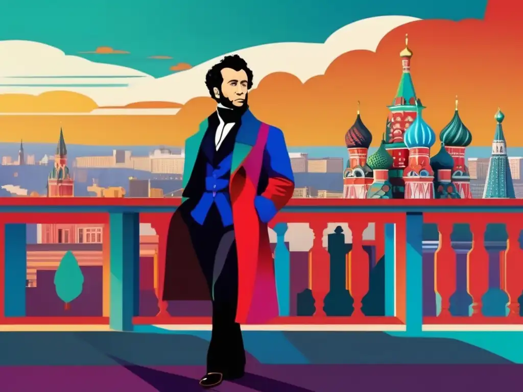 La imagen muestra a Alexander Pushkin en un moderno retrato digital, con el telón de fondo de Moscú contemporánea