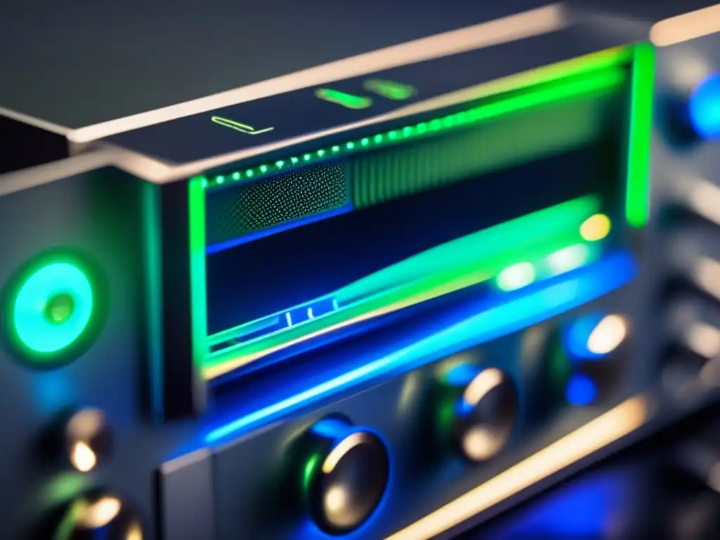 Una imagen de un moderno transmisor de radio con luces LED azules y verdes, circuitos intrincados y componentes
