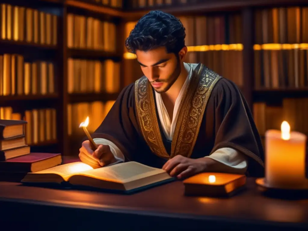 En la imagen, Tomás Moro está inmerso en el estudio en una biblioteca medieval, rodeado de antiguos libros