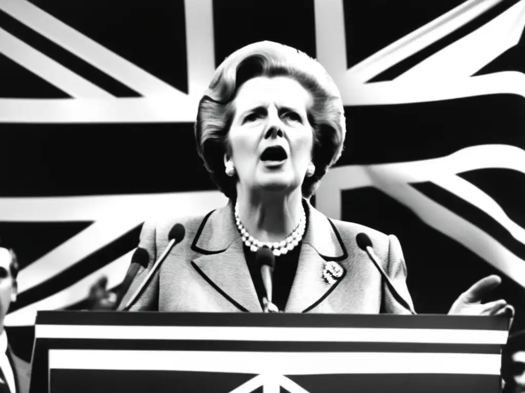 La imagen muestra a Margaret Thatcher liderando una multitud con determinación, con la bandera británica de fondo