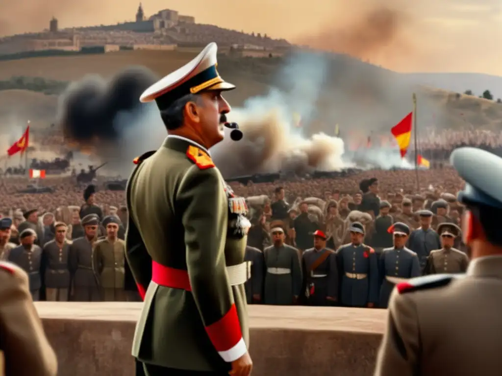 En la imagen, Francisco Franco lidera una multitud durante la Guerra Civil, mostrando su autoridad y papel histórico
