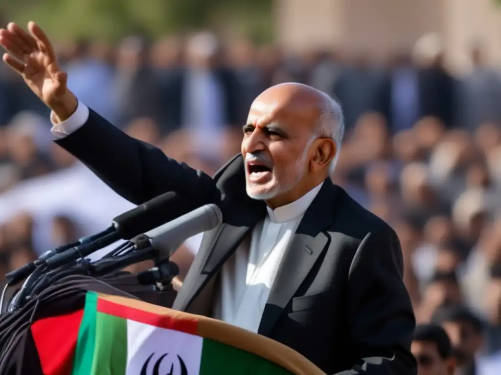 La imagen muestra a Ashraf Ghani dirigiéndose a una multitud en un mitin político, con la bandera de Afganistán ondeando en el fondo