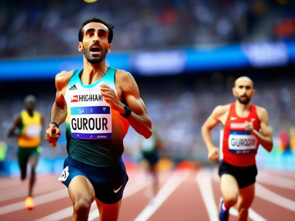 La imagen muestra a Hicham El Guerrouj triunfando en el mundo del atletismo, con determinación y pasión